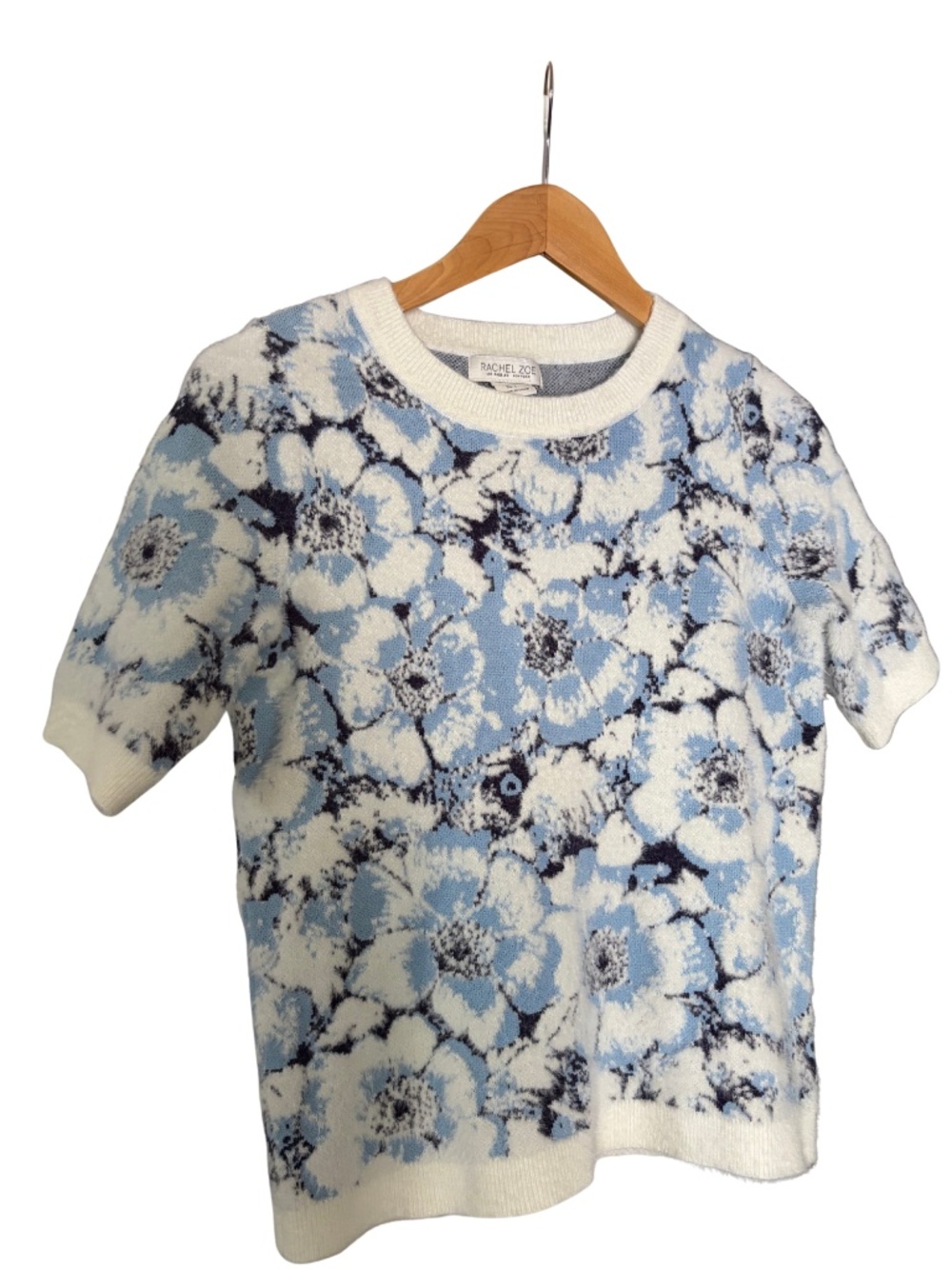 Rachel Zoe Floral Fuzzy Knit Sweater Blue White Soft Short Sleeve Small Chic 🩵